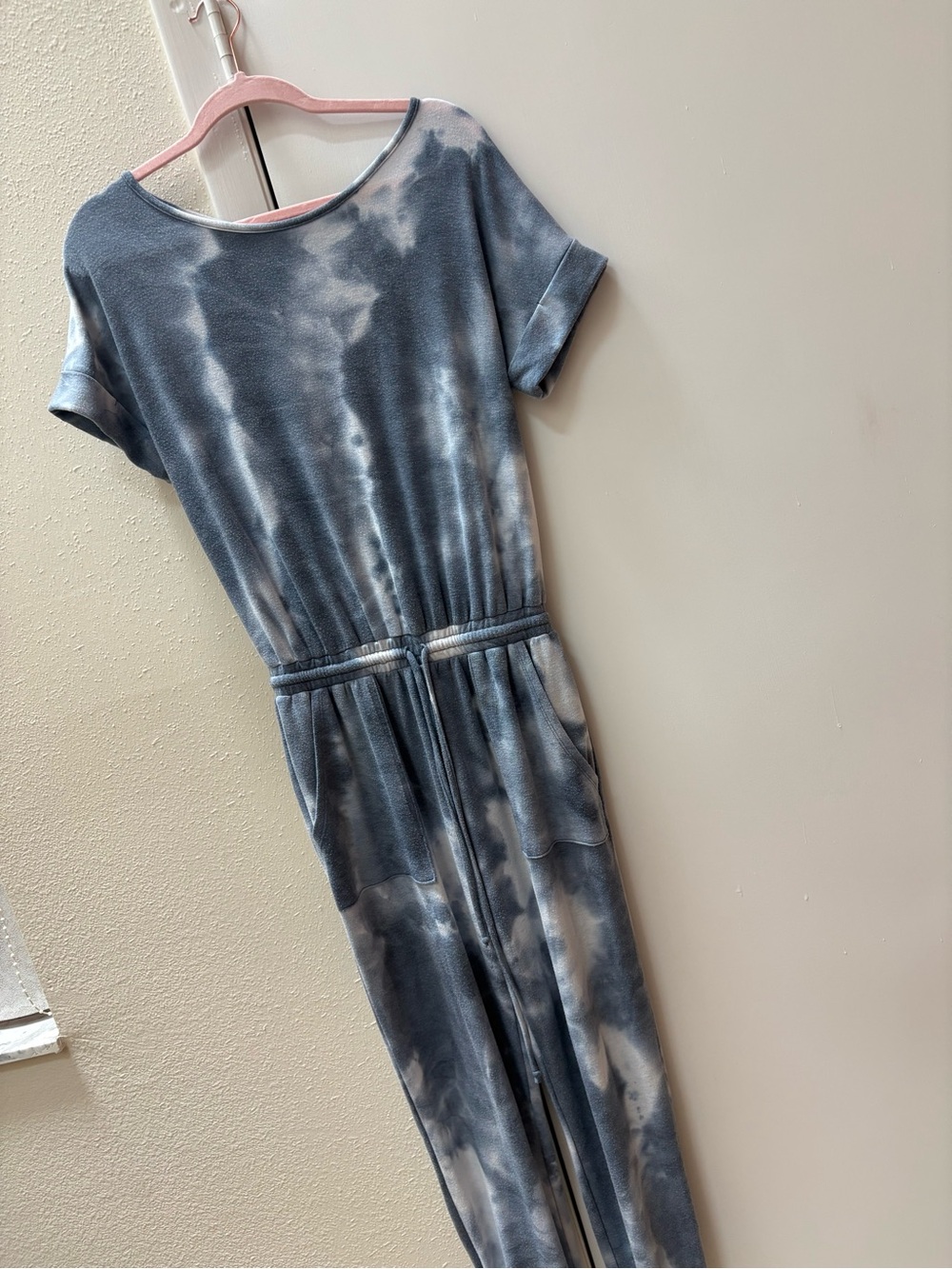 Cherish Tie-Dye Short Sleeve Jumpsuit in Blue and White Small